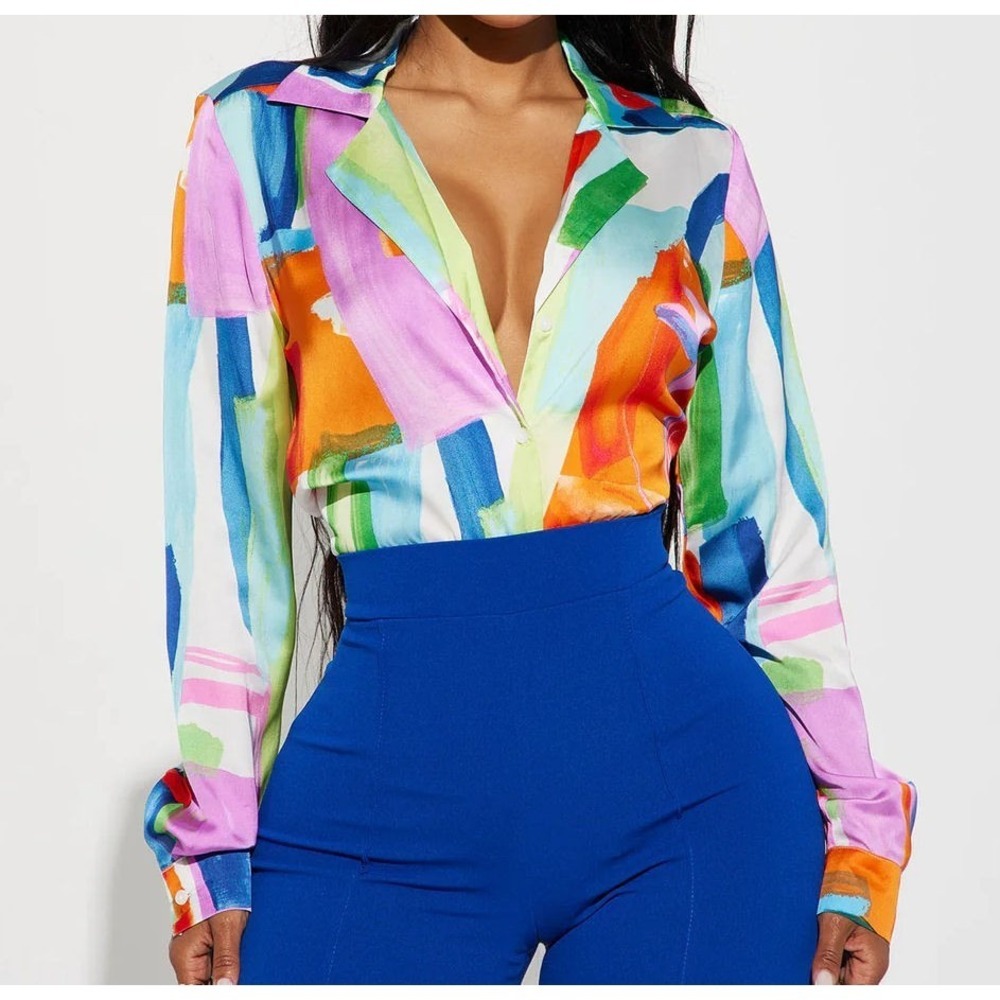 Fashion Nova Women's‎ Flashbacks to Reality Satin Shirt - Multi Color - Sz Small